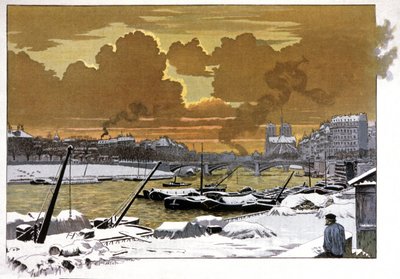 Paris, barcaças sob a neve na Pont de Sully, c.1905 de Eugene Grasset