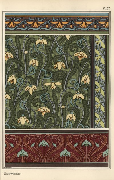 Gota de Neve, Galanthus nivalis, como motivo de design em papel de parede, bordas e tecidos de Eugene Grasset