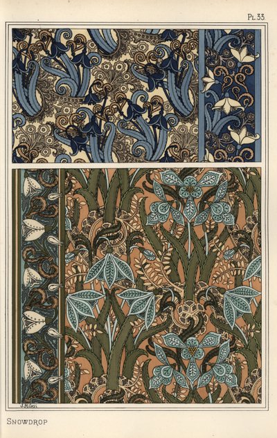 Gota de Neve, Galanthus nivalis, como motivo de design em papel de parede, bordas e tecidos de Eugene Grasset