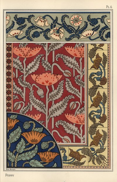 A papoila, Papaver somniferum, em vidro manchado, papel de parede, tecido e padrões de azulejos. Litografia de Marc Mangin de Eugene Grasset