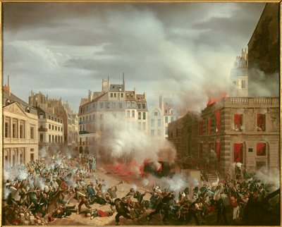 Revolução de 1848: “” Incêndio na praça da torre de água do palácio real em 24 de fevereiro de 1848 ”. Pintura de Eugene Hagnauer de Eugene Hagnauer