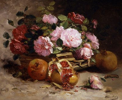 Natureza-morta de rosas e romãs. Pintura de Eugène Henri Cauchois (1850-1911) Coleção particular. de Eugene Henri Cauchois