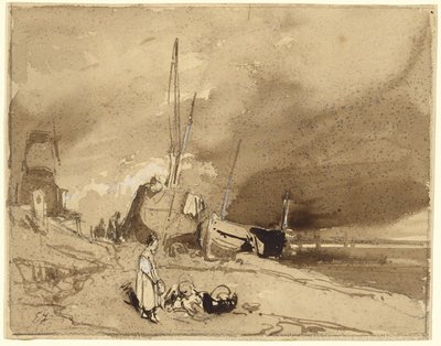 Bord de Plage (Barcos de pesca numa praia, nuvens de tempestade ao longe) de Eugene Isabey