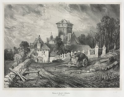 Viagens pitorescas e românticas na velha França: Auvergne (vol. II): Castelo de Pesteil em Polminhac, Placa 202 de Eugene Isabey