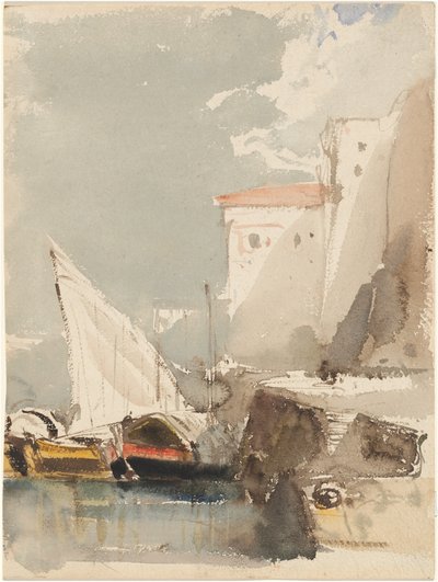 Barcos à vela num porto iluminado pelo sol (recto) de Eugene Isabey