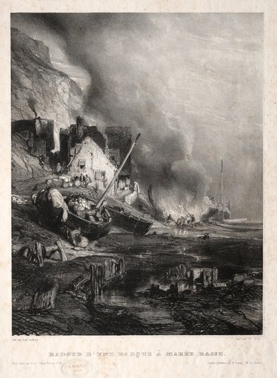Seis fuzileiros navais: Remontagem de um barco na maré baixa, 1833. de Eugene Isabey