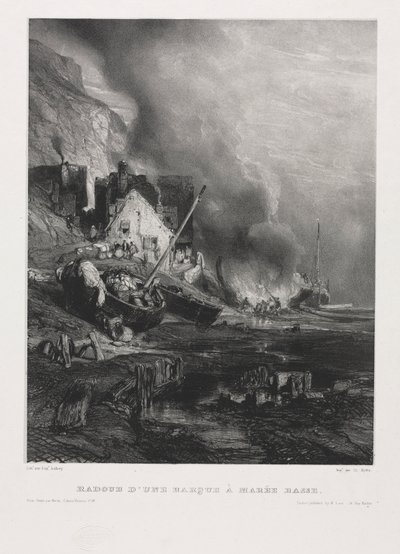 Seis fuzileiros navais: Remontagem de um barco na maré baixa, 1833. de Eugene Isabey