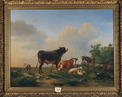 Um touro, uma vaca, um burro, uma cabra, ovelha e aves em uma extensa paisagem, 1849 de Eugene Joseph Verboeckhoven
