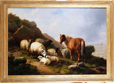 Um pônei e ovelha em um penhasco com um veleiro além, 1868 de Eugene Joseph Verboeckhoven