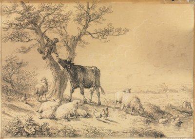 Paisagem com animais e menino na árvore de Eugene Joseph Verboeckhoven