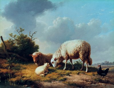 Ovelhas e aves domésticas em uma paisagem, século XIX. de Eugene Joseph Verboeckhoven