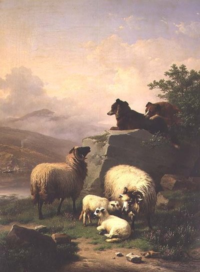 Ovelhas e cordeiros com dois cães em uma paisagem fluvial de Eugene Joseph Verboeckhoven