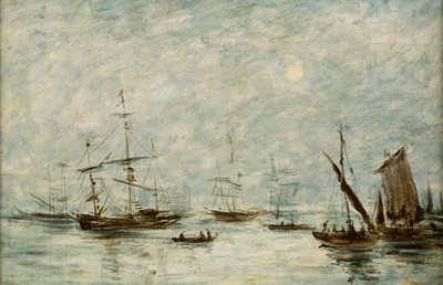Barcos ancorados em um porto (óleo sobre tela) de Eugene Louis (attr.to) Boudin