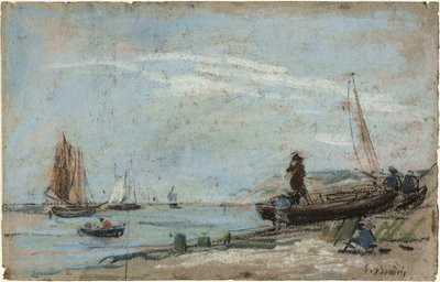 Praia com Barcos de Pesca e Carvão de Eugene Louis Boudin