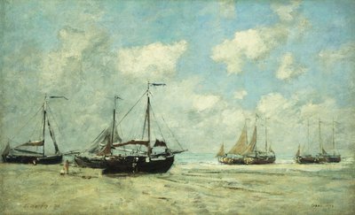 Barcos na costa em Scheveningen; Scheveningue, barcos falharam no Greve, 1875 de Eugene Louis Boudin