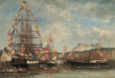 Dia do festival no porto de Honfleur. 1858 de Eugene Louis Boudin