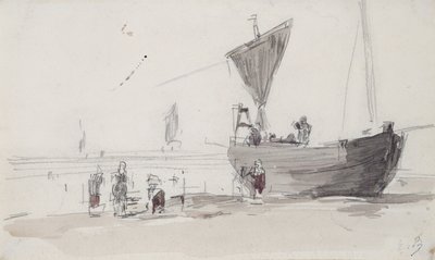 Barco de pesca na praia (lápis e wc no papel) de Eugene Louis Boudin