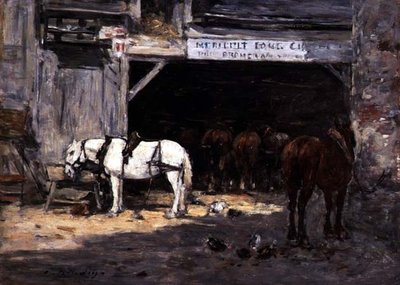 Cavalos para Aluguer em Estaleiro, c.1885-90 (óleo sobre painel) de Eugene Louis Boudin