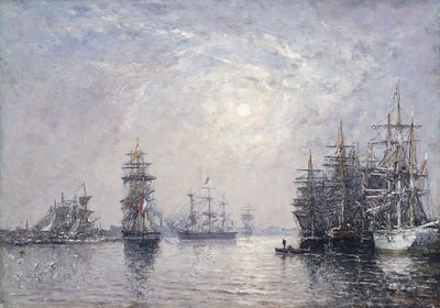 Le Havre, Eure Basin, barcos à vela ancorados, pôr do sol; Le Havre, Bassin de l "Eure, Veleiros em" Anchor, Soleil Couchant, 1870 de Eugene Louis Boudin