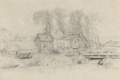 Paisagem fluvial com edifícios, barcos e figuras, c. 1858. de Eugene Louis Boudin