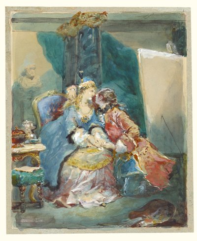 Um casal abraçado no atelier de um artista de Eugene Louis Lami