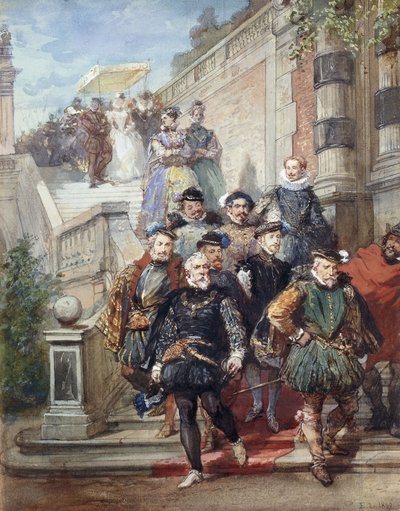 Uma procissão real descendo uma escada em um jardim, 1869 de Eugene Louis Lami