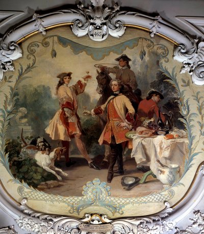Um almoço de caça no século XVIII Pintura de Eugene Louis Lami (1800-1890) Chantilly do século XIX, Musee Conde de Eugene Louis Lami