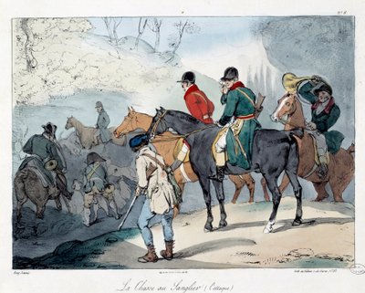 Caça ao javali. Ilustração do livro "La vie de chateau". Gravura de Eugene Louis Lami (1800-1890) de Eugene Louis Lami