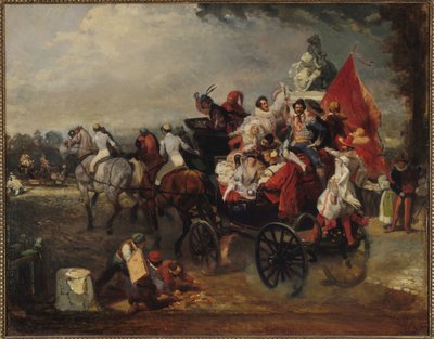 Transporte com homens e mulheres em traje na Champs-Elysées, 1834 de Eugene Louis Lami