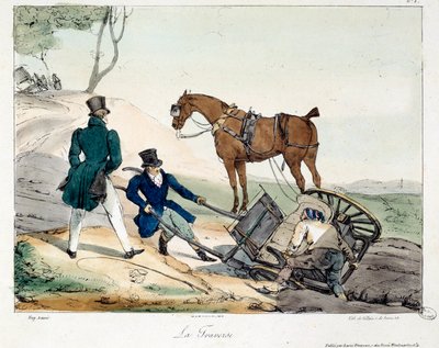 Acidente de carroça causado pelo trilho. Ilustração do livro "La vie de chateau". Gravura de Eugene Louis Lami (1800-1890) de Eugene Louis Lami