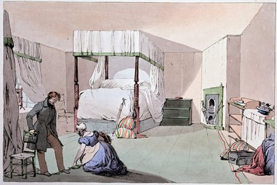 Albergue: um empregado que ajuda um cliente a calçar sapatos. Ilustração de Eugene Louis Lami (1800-1890), meados do século XIX de Eugene Louis Lami