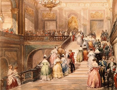 O Rei Luís Filipe I (1773 - 1850) e a Rainha Marie Amélie de Bourbon (1782 - 1866) receberam os convidados por ocasião da inauguração do Museu de Versalhes, em 1837. Ilustração de Eugène Lami (1800 - 1890). de Eugene Louis Lami