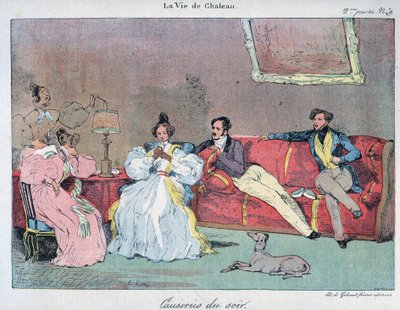 La Vie de chateau - Conversas noturnas - Ilustração de Eugene Lami (1800-1890) Em "LE-RIRE" de 1885 de Eugene Louis Lami