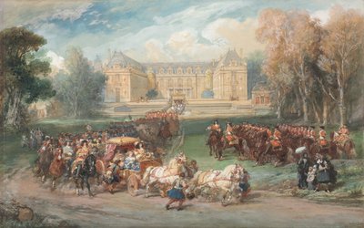 Louis XIV Dirigindo seu treinador no parque de Versalhes, 1870. de Eugene Louis Lami