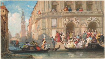 Máscaras embarcando em gôndolas diante de um palácio veneziano de Eugene Louis Lami