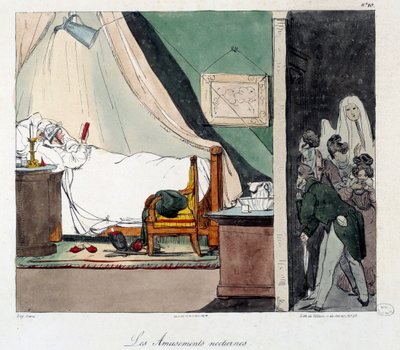 Diversão noturna. As crianças têm medo de assustar uma pessoa a ler na cama. Ilustração do livro "La vie de chateau". Gravura de Eugene Louis Lami (1800-1890) de Eugene Louis Lami