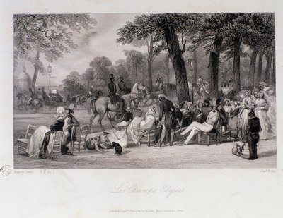 Passageiros e caminhantes nos Campos Elíseos (Champs-Elysees) em Paris. Gravura de Eugene Louis Lami (1800-1890) 1841 Coleção particular de Eugene Louis Lami