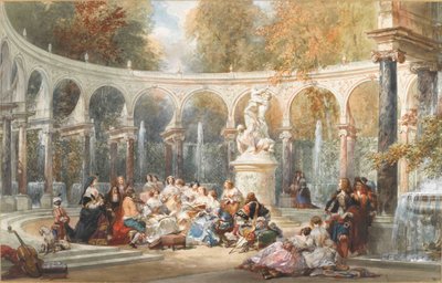 Sociedade no Bosquet de la Colonnade no jardim de Versalhes. de Eugene Louis Lami