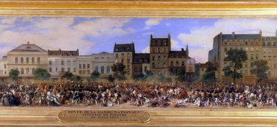 O Ataque de Giuseppe Fieschi (conspirador corso) em 28/07/1835 contra Louis-Philippe I (1773-1850), Rei dos Franceses, Boulevard du Temple em Paris (Louis Philippe revê a Guarda Nacional) Detalhe de uma pintura de Eugene Lami (1800-1890) 1845 Sol. de Eugene Louis Lami