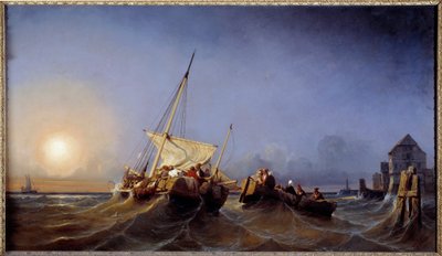 O regresso dos pescadores ao pôr-do-sol Pintura de Eugene Lepoittevin (1806-1870) 1835 Brest, Musee des Beaux Arts de Eugene Modeste Edmond Lepoittevin