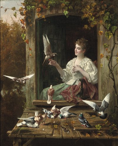 Alimentando os pássaros (óleo sobre tela) de Eugene Remy and Portielje Jan Maes