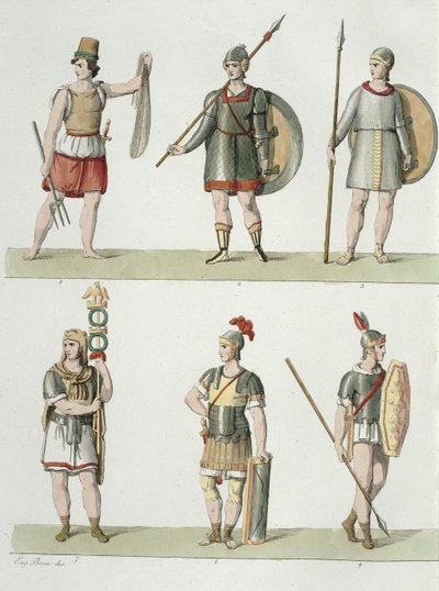 Soldados romanos, detalhe da placa 2, classe 5 da parte I da história das Nações, gravada por Buttazon aquatint, ver também 93289 de Eugenio Bosa