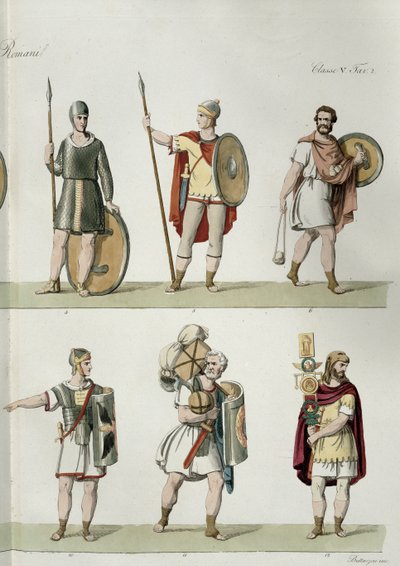 Soldados romanos, detalhe da placa 2, classe 5 da Parte I da História das Nações, gravada por Buttazon (aquatint) (ver também 93288) de Eugenio Bosa