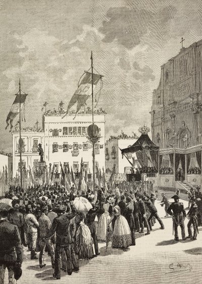 Descerramento do monumento a Victor Emmanuel II (1820-1878), primeiro Rei de Itália, na presença de Umberto I (1844-1900), Rei de Itália, estátua de Eugenio Maccagnani (1852-1930), Lecce, Itália de Eugenio Maccagnani