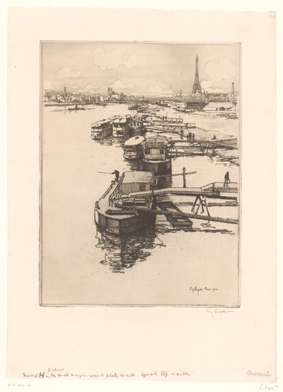 Cais com barcos omnibus em Paris com a Torre Eiffel ao fundo de Eugène Bejot (signed by artist)