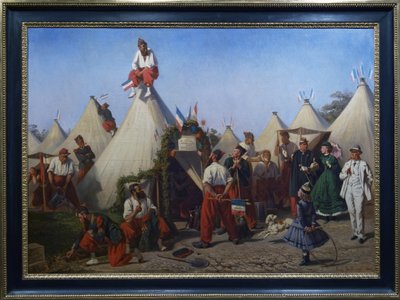 Sapadores de infantaria preparando o seu acantonamento para a festa do Imperador de Eugène Bellange