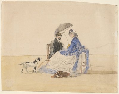Um casal sentado na praia com dois cachorros de Eugène Boudin