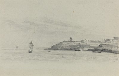 Paisagem Costeira com Frete; Moinho de vento à distância de Eugène Boudin