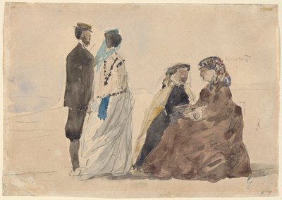 Duas senhoras sentadas e um casal caminhando na praia de Eugène Boudin