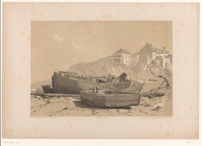 Costa rochosa com barcos e vila de pescadores de Eugène Cicéri (attributed to)